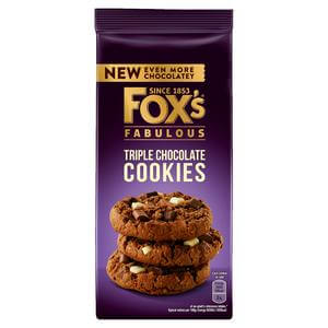 BEST BY MARCH 2026: Foxs Biscuits Triple Chocolate Cookies Cookies HEAT SENSITIVE ITEM. PLEASE ADD ITEM 122942 TO THE ORDER TO TRY TO PROTECT CHOCOLATES FROM HEAT DAMAGE. 180g