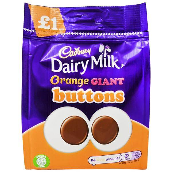 Cadbury Dairy Milk Orange Giant Buttons HEAT SENSITIVE ITEM. PLEASE ADD ITEM 122942 TO THE ORDER TO TRY TO PROTECT CHOCOLATES FROM HEAT DAMAGE. 85g