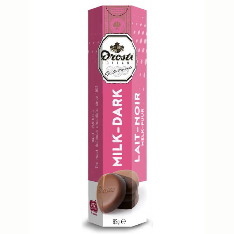 Droste Pastille Dark and Milk Chocolate Tube HEAT SENSITIVE ITEM. PLEASE ADD ITEM 122942 TO THE ORDER TO TRY TO PROTECT CHOCOLATES FROM HEAT DAMAGE. 85g