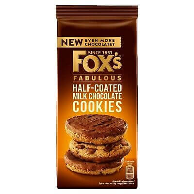 Foxs Fabulous Half Coated Milk Chocolate Cookies HEAT SENSITIVE ITEM. PLEASE ADD ITEM 122942 TO THE ORDER TO TRY TO PROTECT CHOCOLATES FROM HEAT DAMAGE. 175g