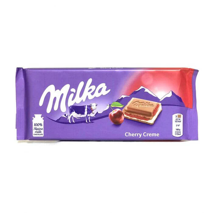 Milka Cherry Cream Milk Chocolate Bar HEAT SENSITIVE ITEM. PLEASE ADD ITEM 122942 TO THE ORDER TO TRY TO PROTECT CHOCOLATES FROM HEAT DAMAGE. 100g
