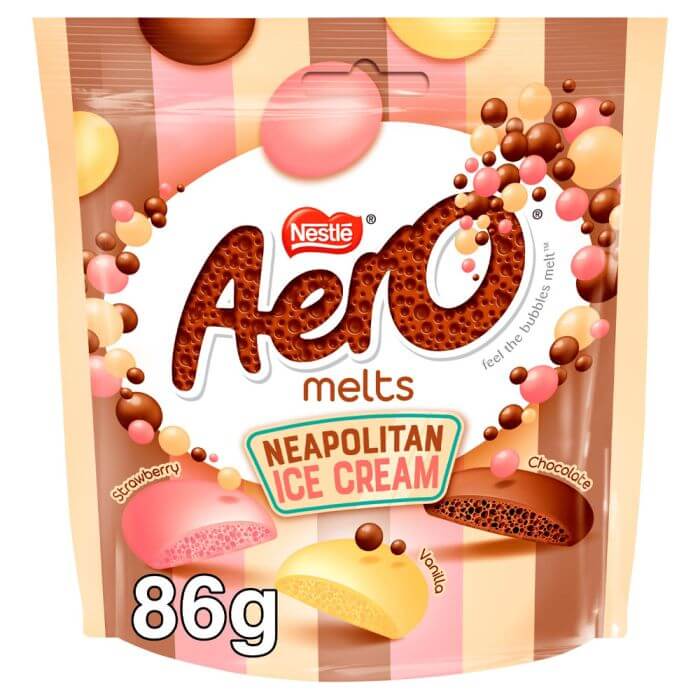 Nestle Aero Melts Neapolitan Ice Cream Pouch HEAT SENSITIVE ITEM. PLEASE ADD ITEM 122942 TO THE ORDER TO TRY TO PROTECT CHOCOLATES FROM HEAT DAMAGE. 86g