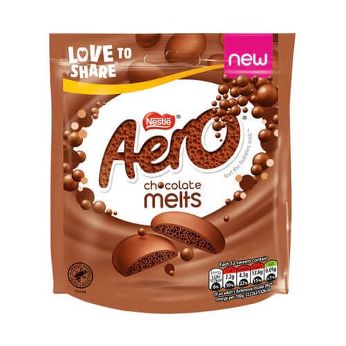 Nestle Aero Milk Chocolate Melts Pouch HEAT SENSITIVE ITEM. PLEASE ADD ITEM 122942 TO THE ORDER TO TRY TO PROTECT CHOCOLATES FROM HEAT DAMAGE. 92g