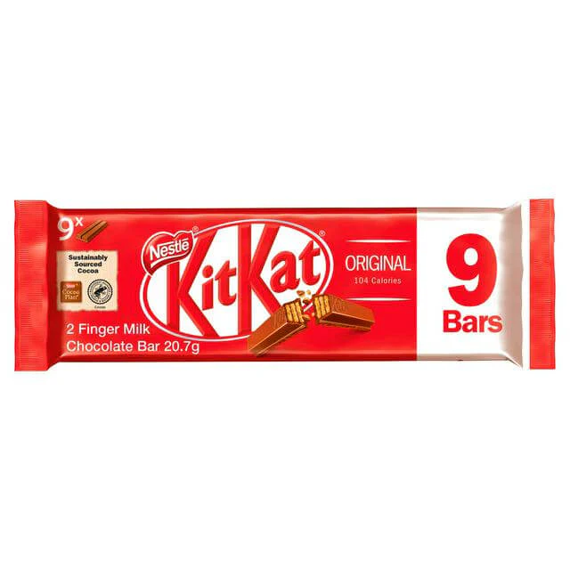 Nestle Kitkat 2 Finger Milk (9 Pack) HEAT SENSITIVE ITEM. PLEASE ADD ITEM 122942 TO THE ORDER TO TRY TO PROTECT CHOCOLATES FROM HEAT DAMAGE. 186.3g