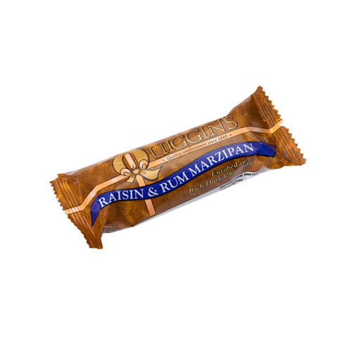 Quiggins Dark Chocolate Covered Marzipan Bar Rum and Raisin HEAT SENSITIVE ITEM. PLEASE ADD ITEM 122942 TO THE ORDER TO TRY TO PROTECT CHOCOLATES FROM HEAT DAMAGE. 50g